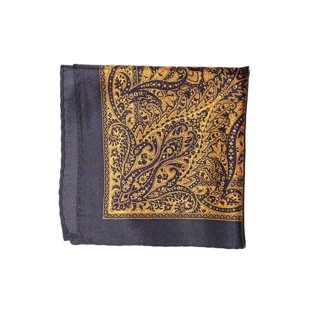 HENRY SARTORIAL Printed Paisley Pocket Square YELLOW/NAVY - Henry Bucks