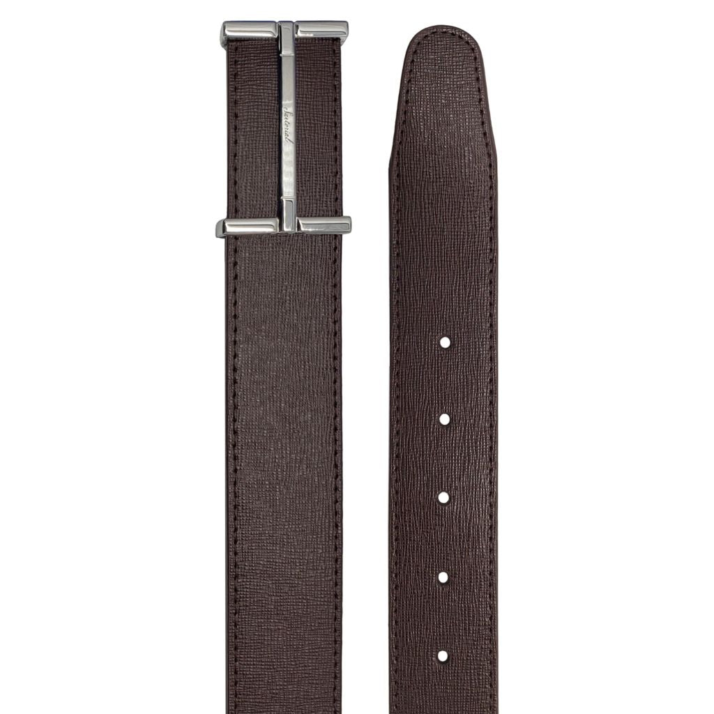 HENRY SARTORIAL Saffiano Leather Belt 3.5cm SILVER DARK BROWN - Henry Bucks