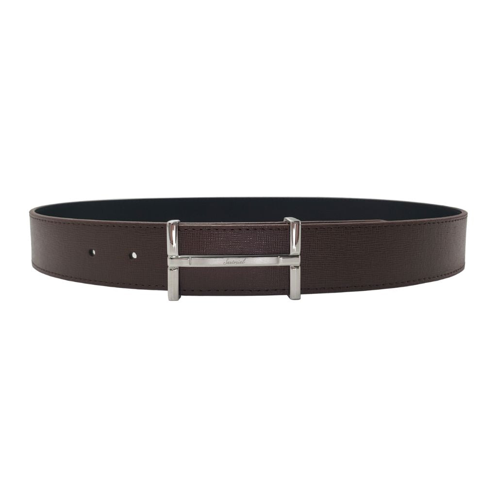 HENRY SARTORIAL Saffiano Leather Belt 3.5cm SILVER DARK BROWN - Henry Bucks