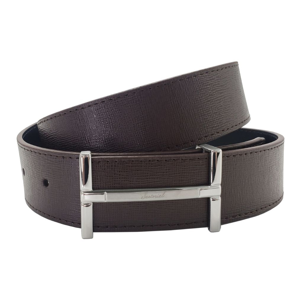 HENRY SARTORIAL Saffiano Leather Belt 3.5cm SILVER DARK BROWN - Henry Bucks