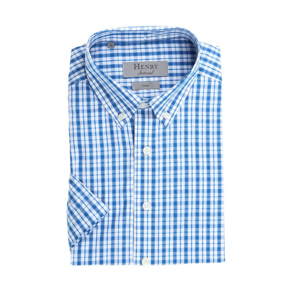 HENRY SARTORIAL Short Sleeve Casual Shirt BLUE/WHITE - Henry Bucks
