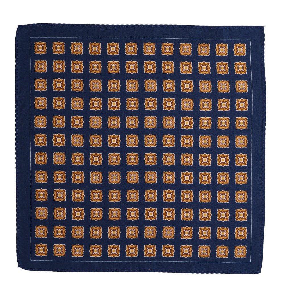 HENRY SARTORIAL Silk Printed Pocket Square NAVY/YELLOW - Henry Bucks