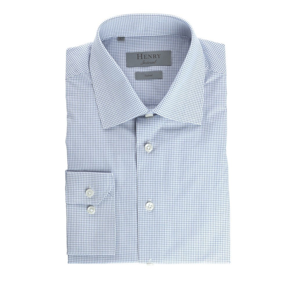 HENRY SARTORIAL Single Cuff Check Shirt WHITE/NAVY - Henry Bucks