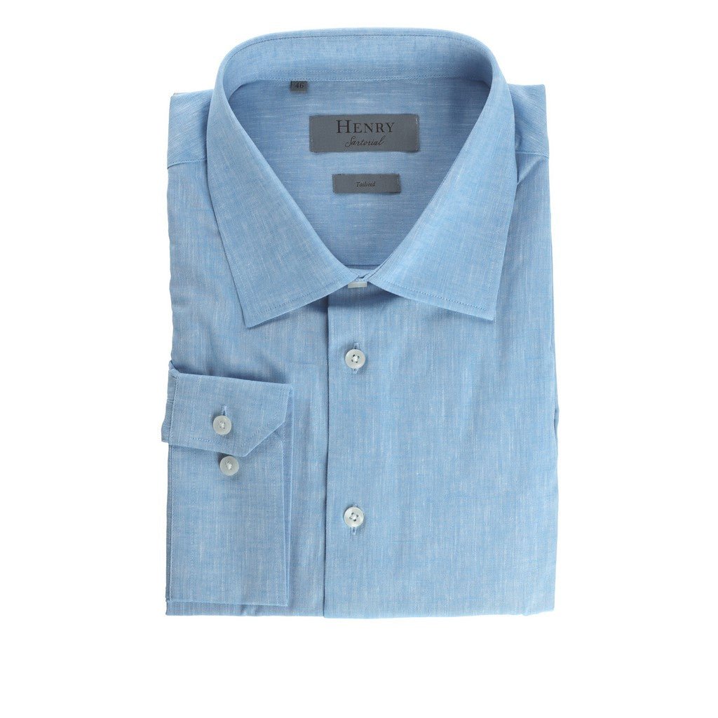 HENRY SARTORIAL Single Cuff Cotton Linen Shirt BLUE - Henry Bucks