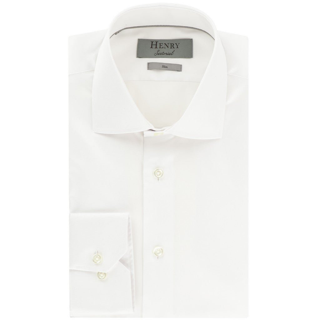 HENRY SARTORIAL Slim Plain Twill Shirt Single Cuff WHITE - Henry Bucks