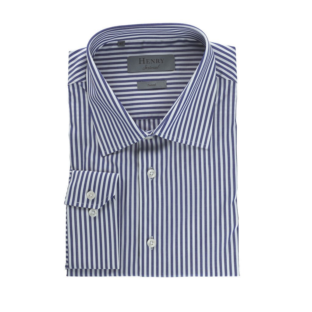 HENRY SARTORIAL White Collar Single Cuff Cotton Shirt WHITE/NAVY - Henry Bucks