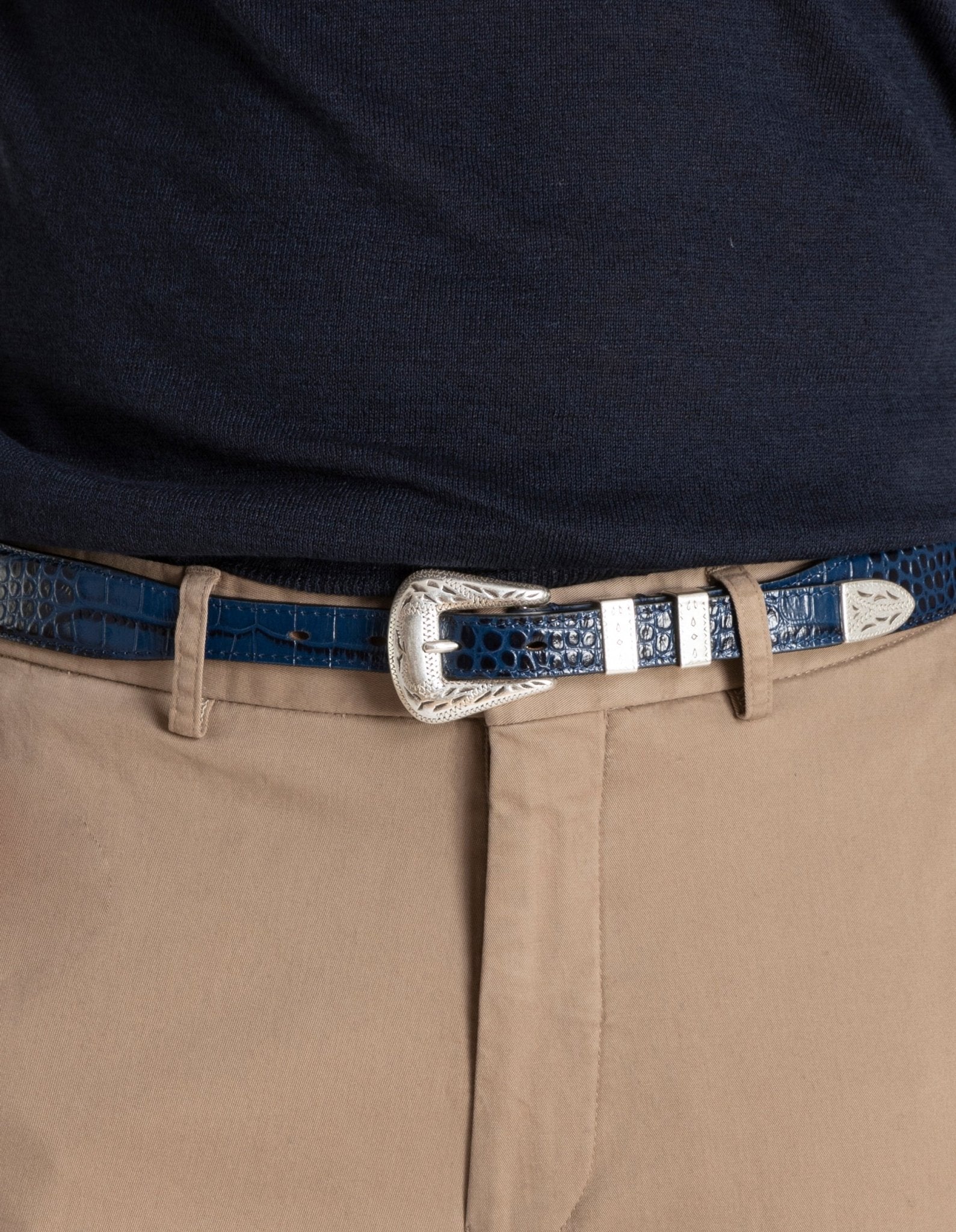 HENRY SARTORIAL X ADRIANO MENEGHETTI Croc Leather Belt NAVY - Henry BucksBelts35AW21CROC - NAVY - 85