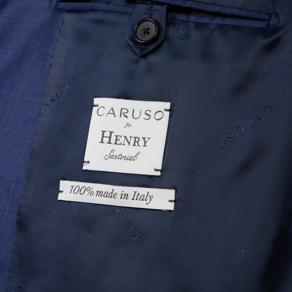 HENRY SARTORIAL X CARUSO Single Breasted 2 Button Check Suit NAVY REG - Henry Bucks