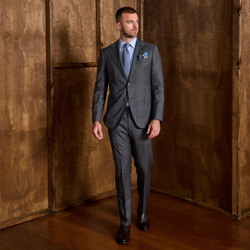 HENRY SARTORIAL x CARUSO Wool Full Lined Prince of Wales Check Suit SKY/BLACK - Henry Bucks