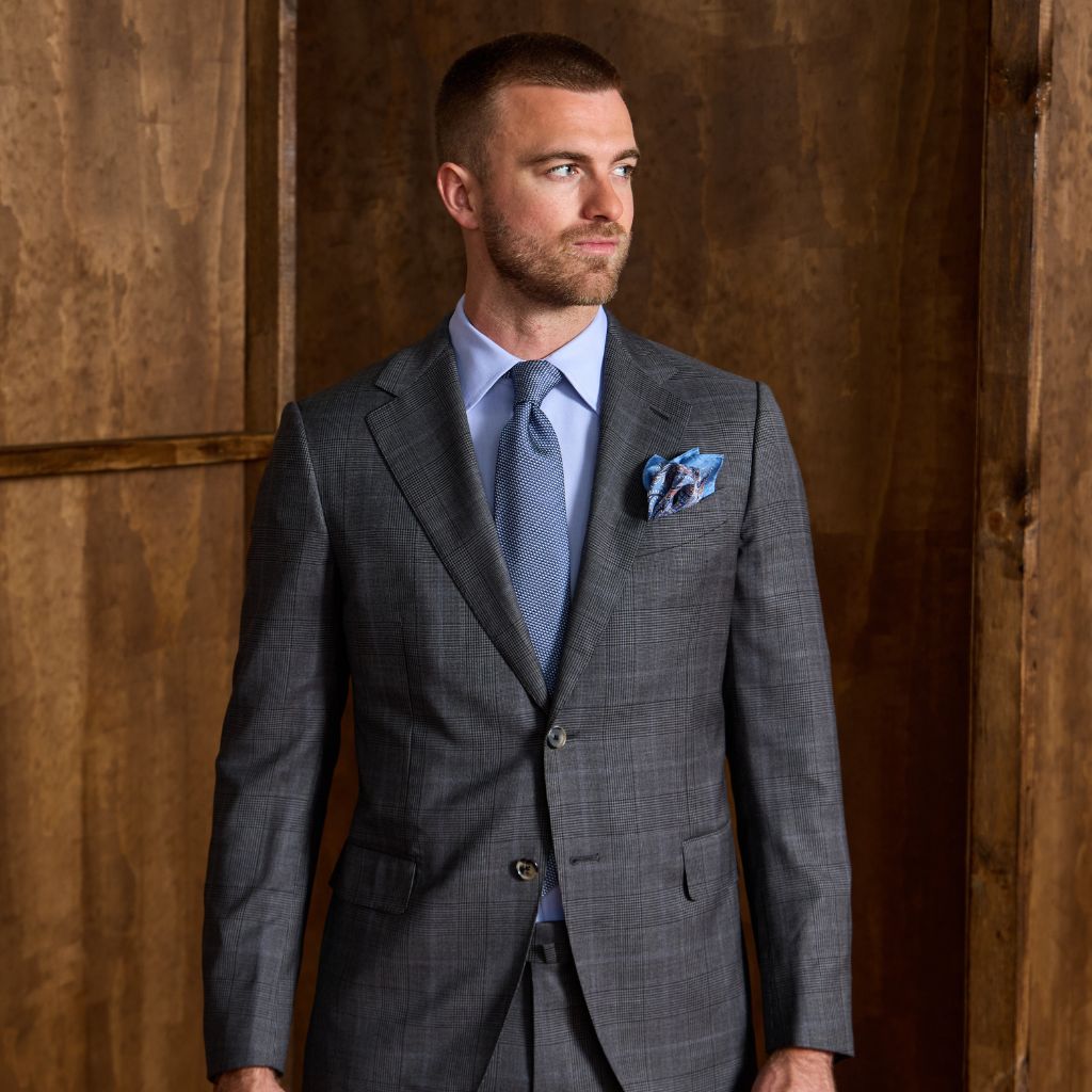 HENRY SARTORIAL x CARUSO Wool Full Lined Prince of Wales Check Suit SKY/BLACK - Henry Bucks