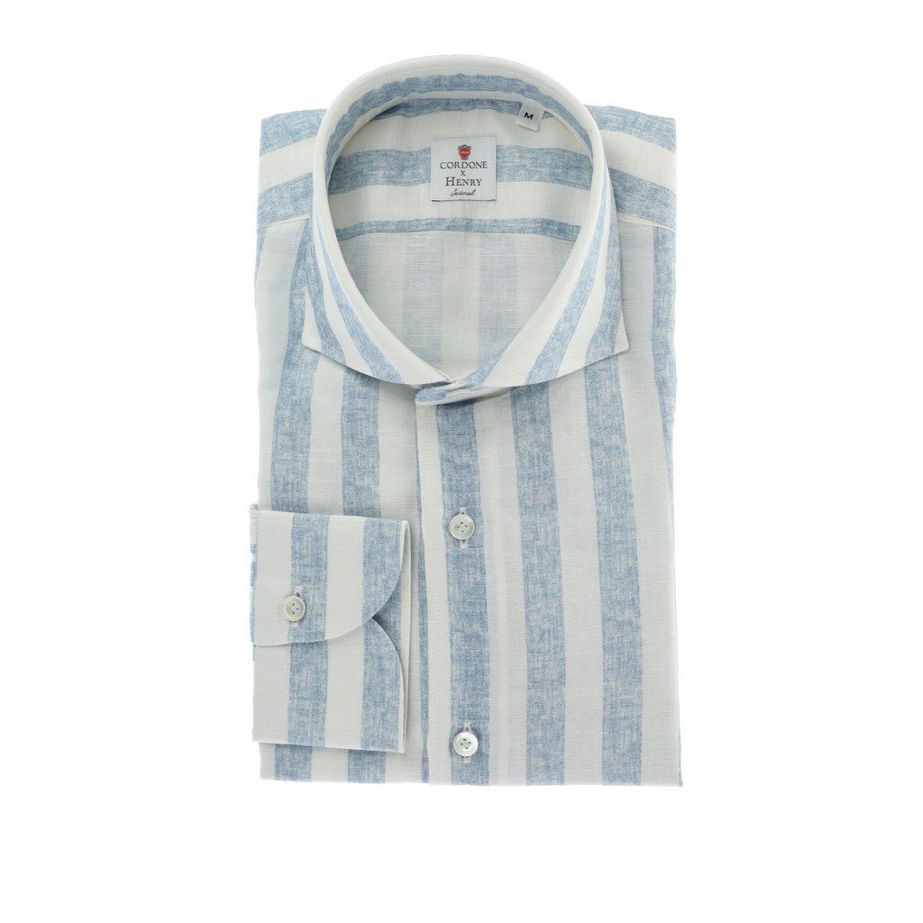 HENRY SARTORIAL X CORDONE Cotton/Linen Stripe Shirt BLUE/WHITE - Henry Bucks