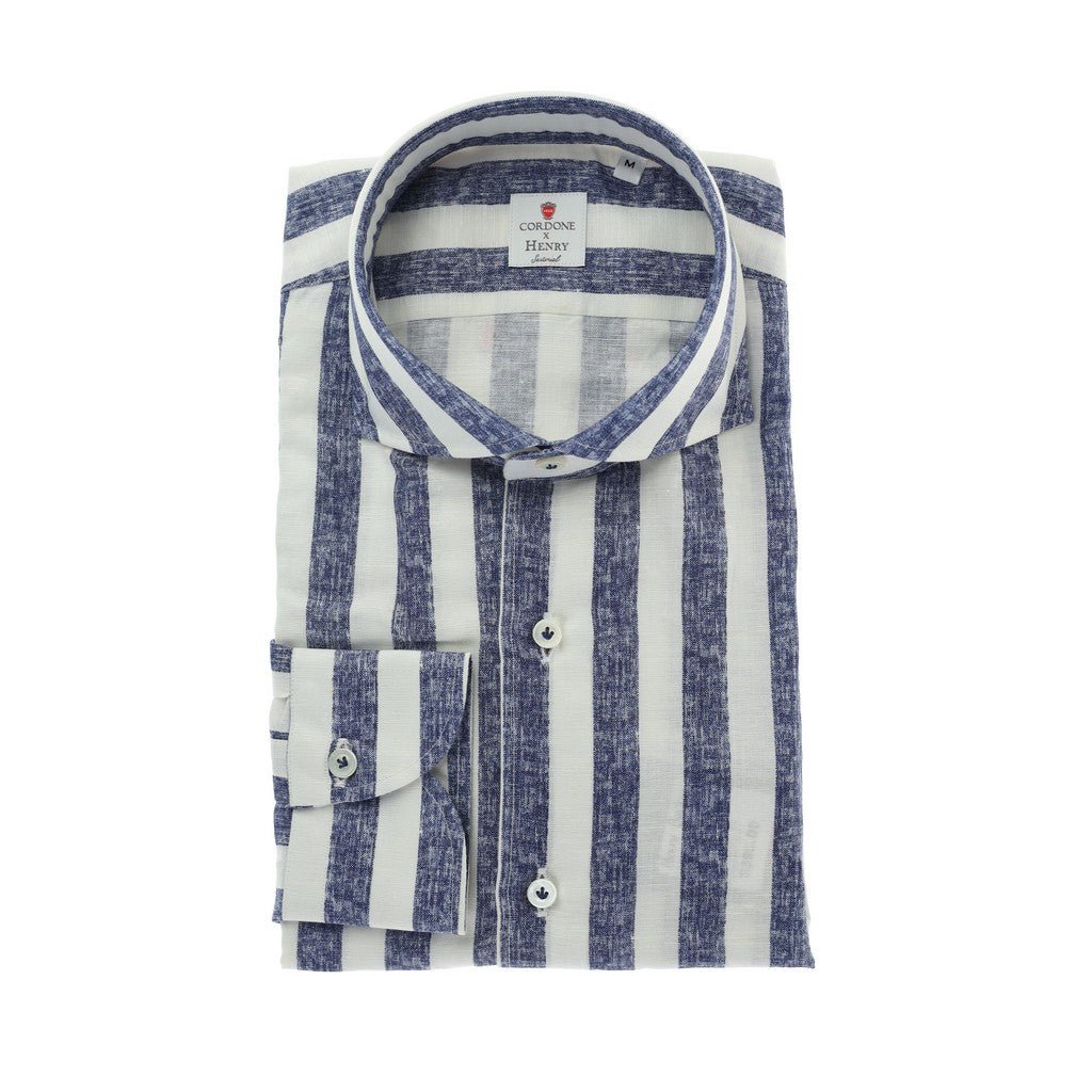 HENRY SARTORIAL X CORDONE Cotton/Linen Stripe Shirt BLUE/WHITE - Henry Bucks