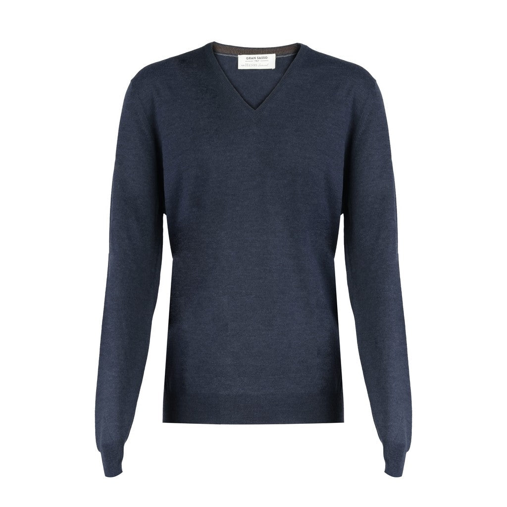 HENRY SARTORIAL X GRAN SASSO Wool V Neck Knit BLUE - Henry Bucks