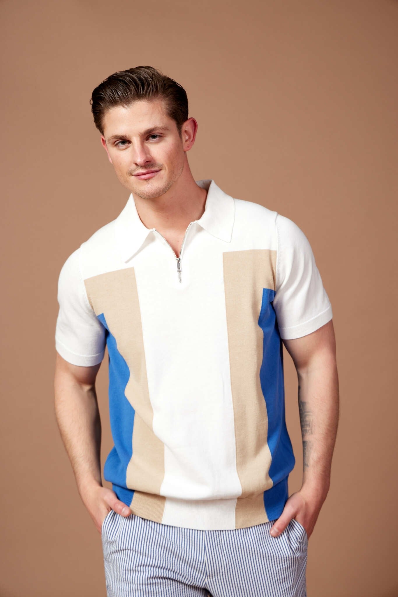 MCKINNON Contrast Zip Short Sleeve Shirt WHITE/BLUE/BEIGE - Henry BucksPolo61SS230009 - WHTBLBEIG - M