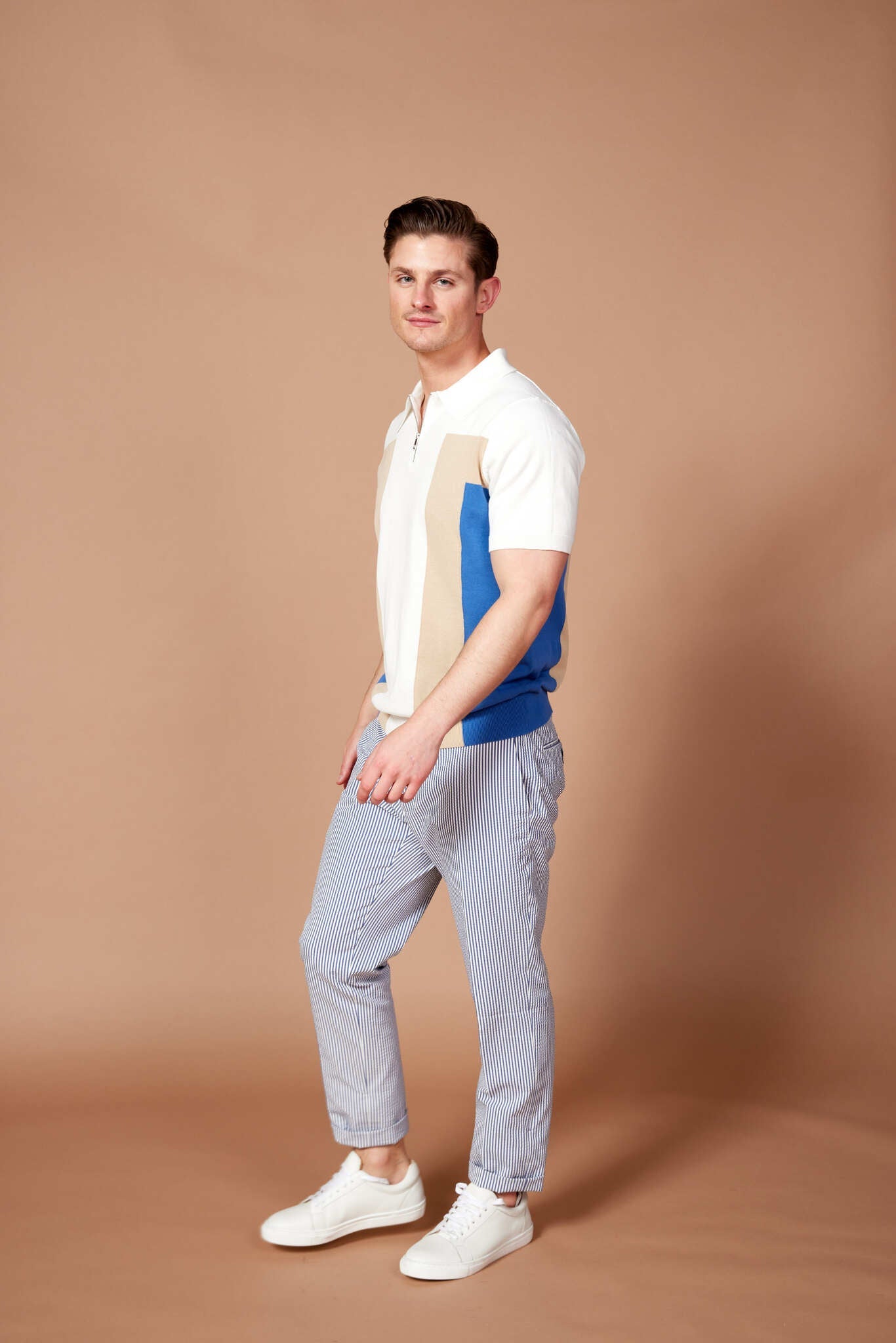 MCKINNON Contrast Zip Short Sleeve Shirt WHITE/BLUE/BEIGE - Henry BucksPolo61SS230009 - WHTBLBEIG - M