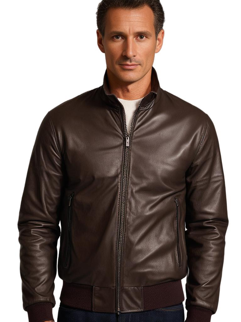 MCKINNON Nappa Lamb Leather Zip Bomber Jacket DARK BROWN - Henry Bucks