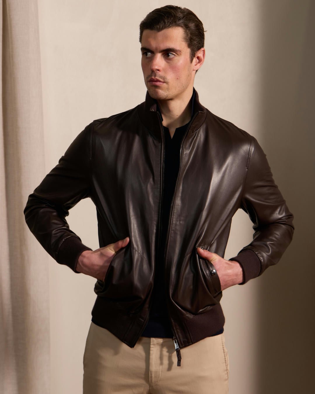MCKINNON Stefano Accorsi Leather Bomber Jacket DARK BROWN REG - Henry Bucks