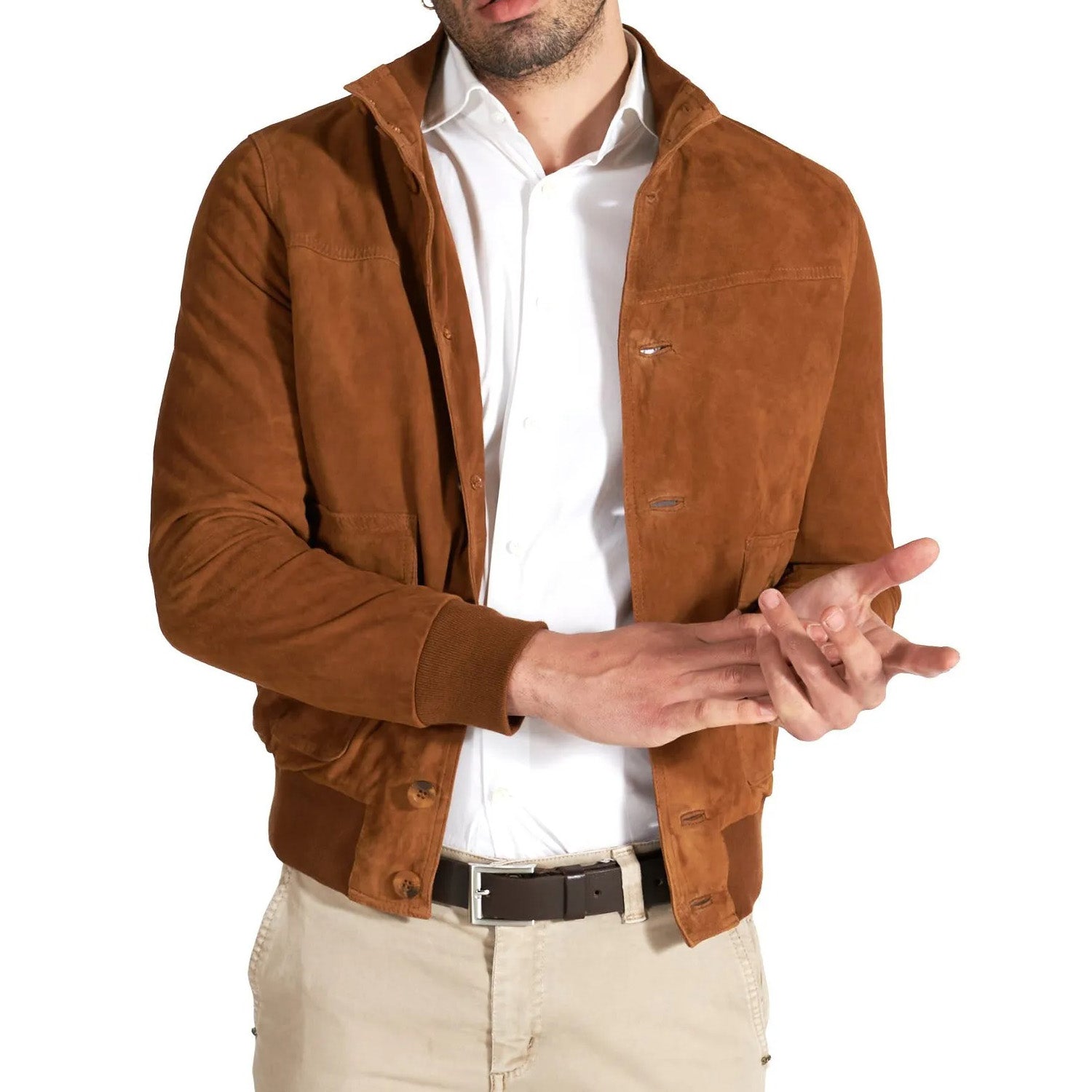 MCKINNON Suede Leather Button Bomber Jacket COGNAC - Henry BucksCasual Jackets38AW220044 - COGN - R - 50