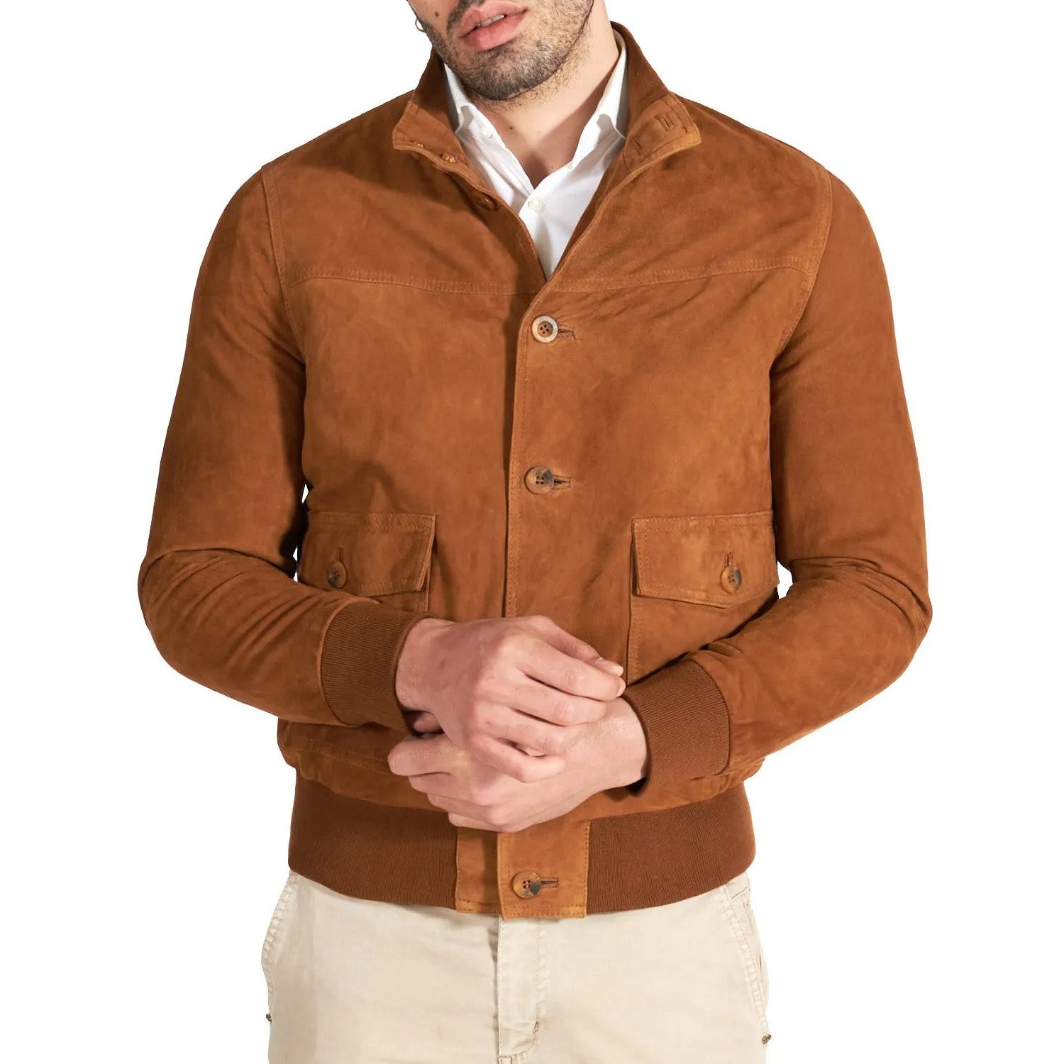 MCKINNON Suede Leather Button Bomber Jacket COGNAC - Henry BucksCasual Jackets38AW220044 - COGN - R - 50