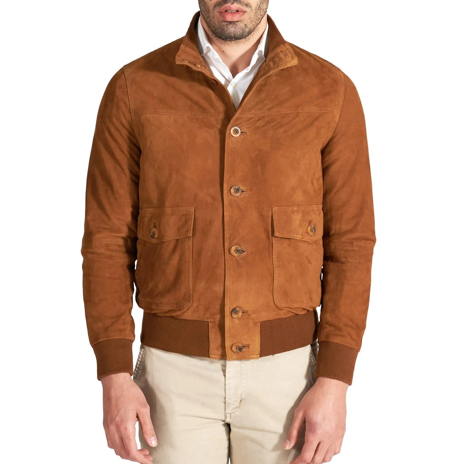 MCKINNON Suede Leather Button Bomber Jacket COGNAC - Henry BucksCasual Jackets38AW220044 - COGN - R - 50