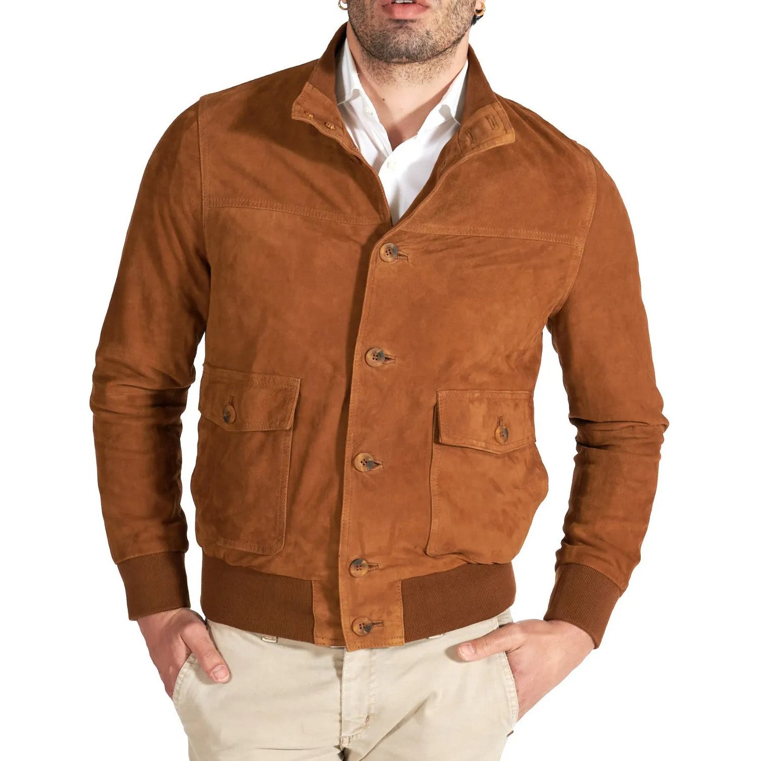 MCKINNON Suede Leather Button Bomber Jacket COGNAC - Henry BucksCasual Jackets38AW220044 - COGN - R - 50