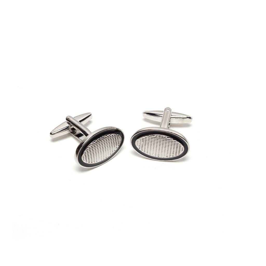 Oval Studded Steel Cufflinks Black/Silver - Henry Bucks