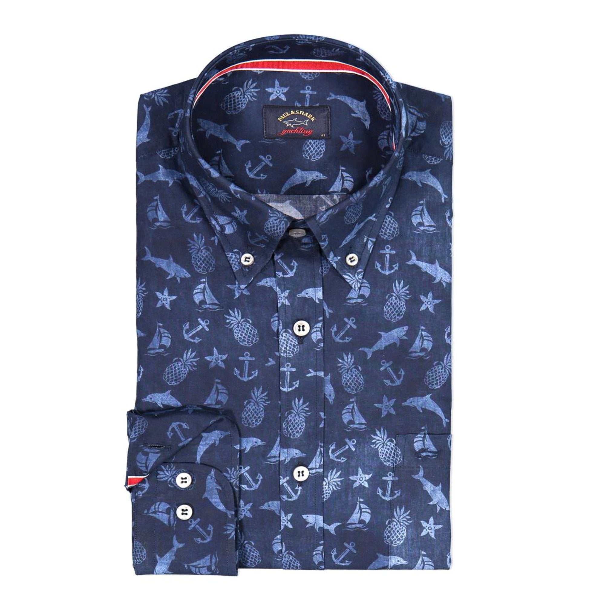 PAUL & SHARK Long Sleeve Marine Print Shirt - Henry BucksShirts38SS2006 - BLUE - 38/S