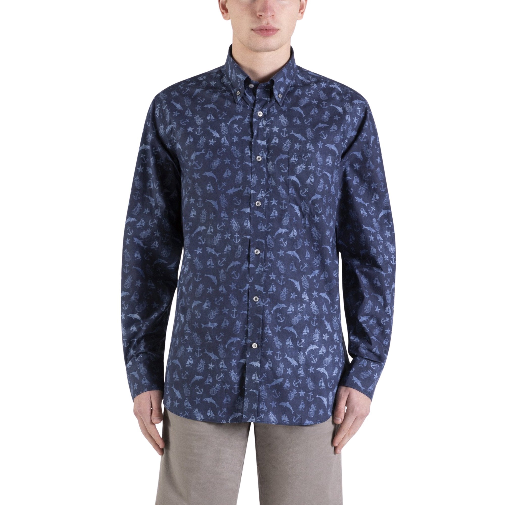 PAUL & SHARK Long Sleeve Marine Print Shirt - Henry BucksShirts38SS2006 - BLUE - 38/S