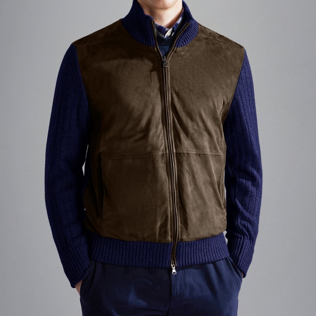 PAUL & SHARK Wool/Cashmere Leather Sweater Jacket NAVY/BROWN - Henry Bucks