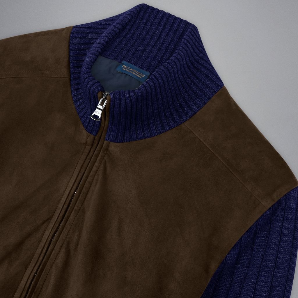 PAUL & SHARK Wool/Cashmere Leather Sweater Jacket NAVY/BROWN - Henry Bucks