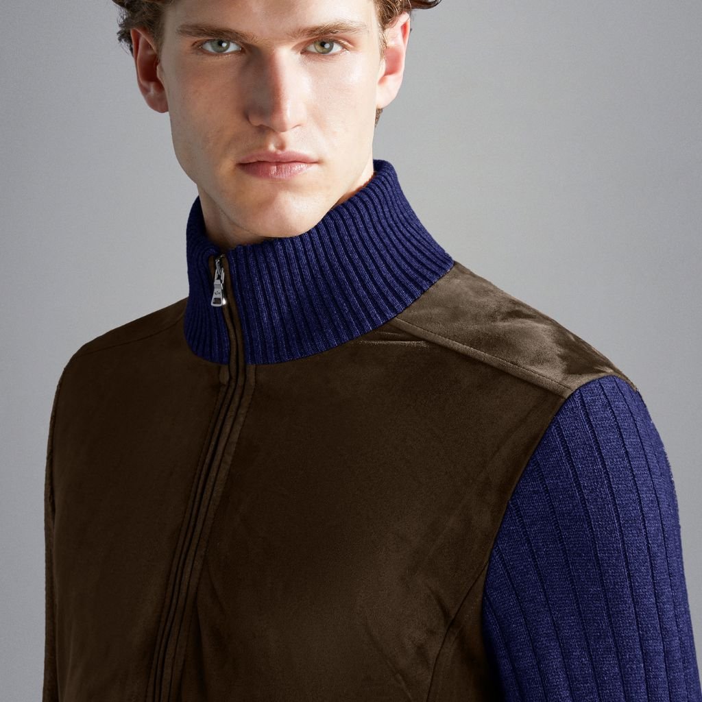 PAUL & SHARK Wool/Cashmere Leather Sweater Jacket NAVY/BROWN - Henry Bucks