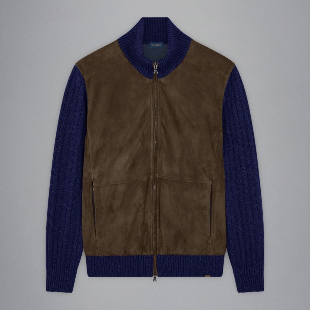 PAUL & SHARK Wool/Cashmere Leather Sweater Jacket NAVY/BROWN - Henry Bucks