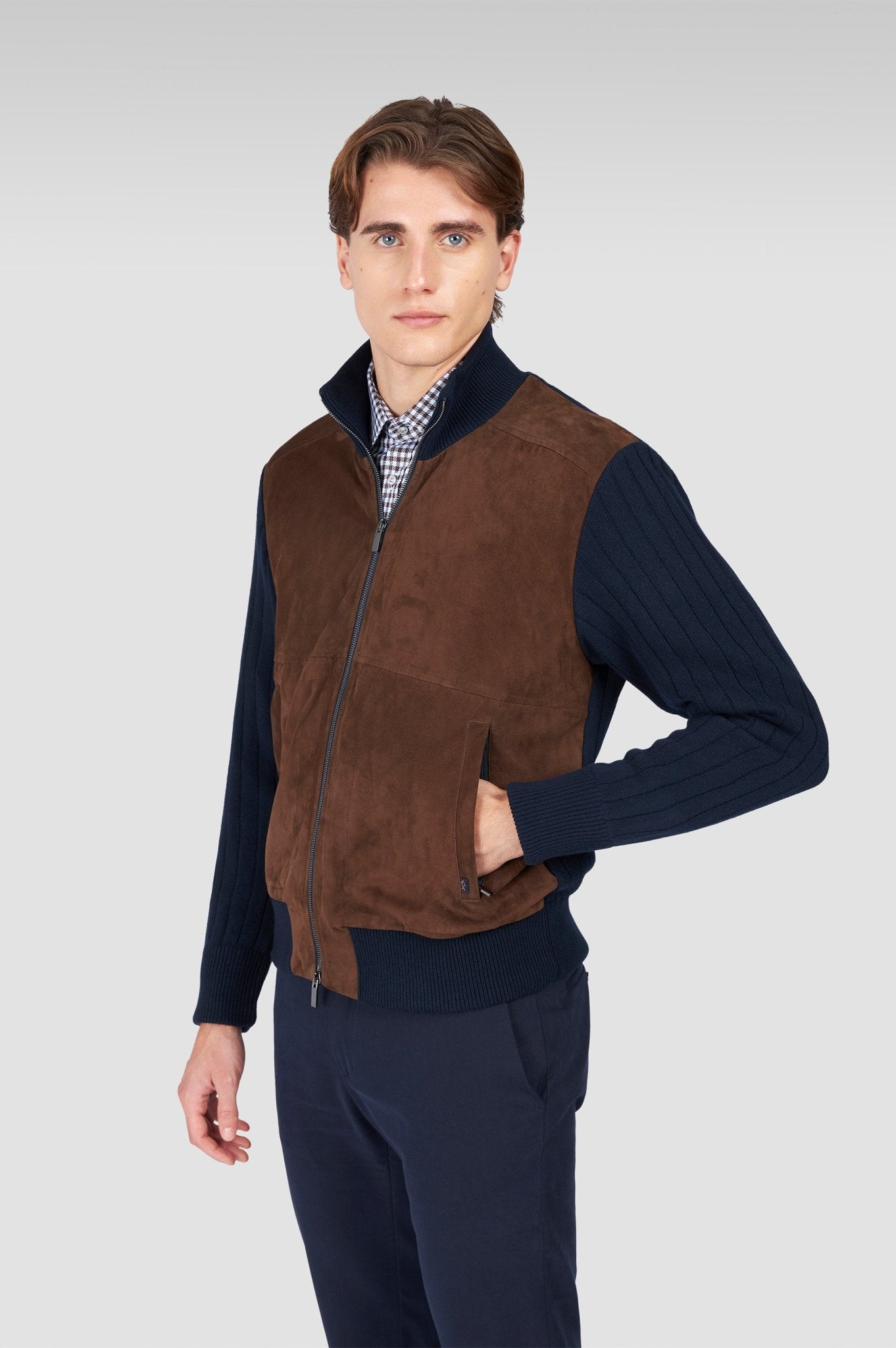 PAUL & SHARK Wool/Cashmere Suede Sweater Jacket NAVY/BROWN - Henry Bucks