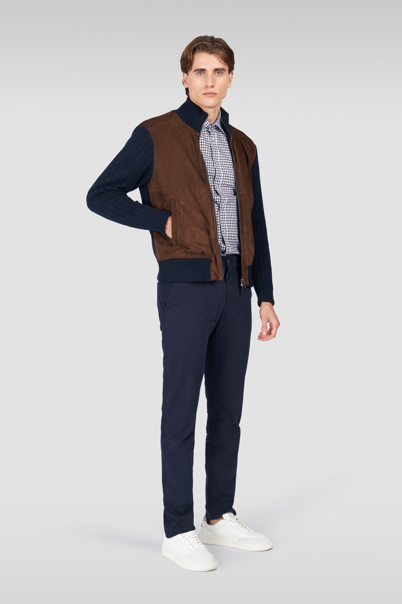 PAUL & SHARK Wool/Cashmere Suede Sweater Jacket NAVY/BROWN - Henry Bucks