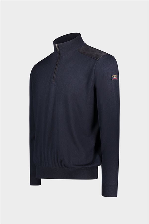 PAUL&SHARK Beaufront Wool Mock Zip Knit with Leather NAVY - Henry BucksKnitwear46SS230005 - NAVY - M