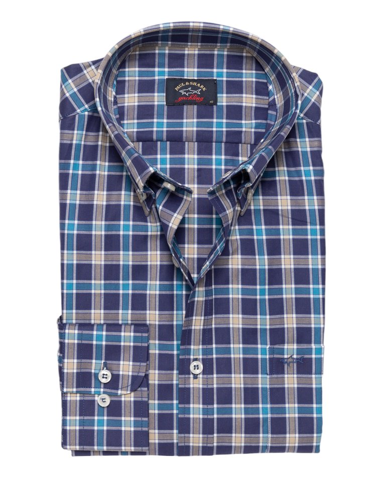 PAUL&SHARK Cotton Poplin Check Shirt BLUE/BEIGE - Henry BucksShirts38SS230045 - BEIGEBLUE - 40