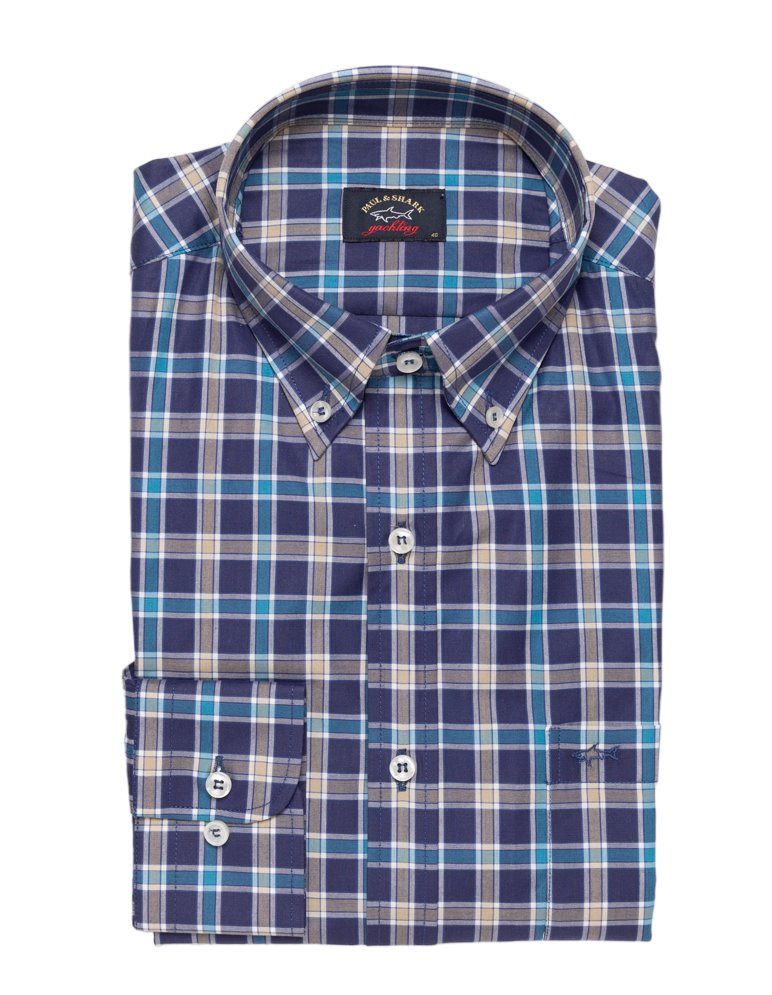 PAUL&SHARK Cotton Poplin Check Shirt BLUE/BEIGE - Henry BucksShirts38SS230045 - BEIGEBLUE - 40