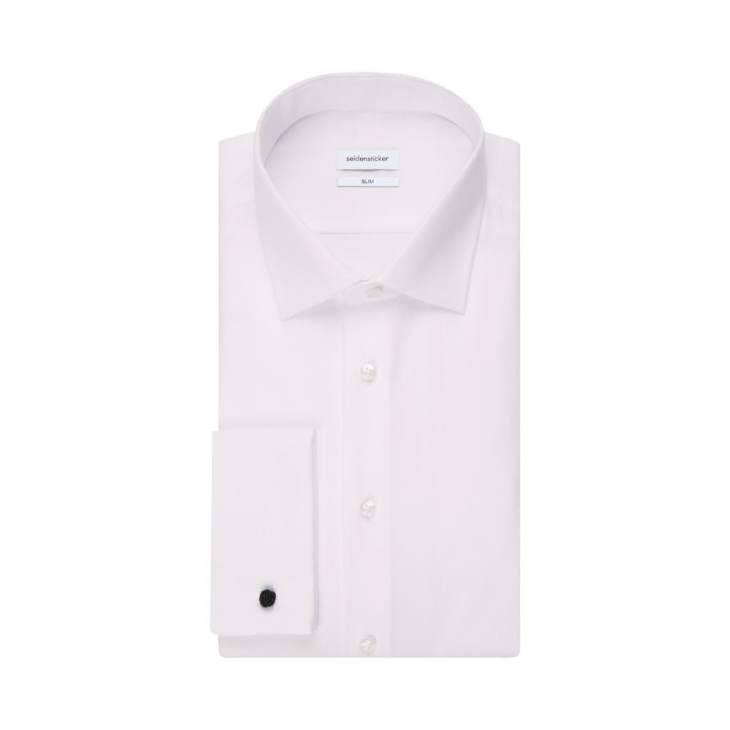 SEIDENSTICKER Cotton Poplin Shirt Double Cuff Slim Fit WHITE - Henry Bucks