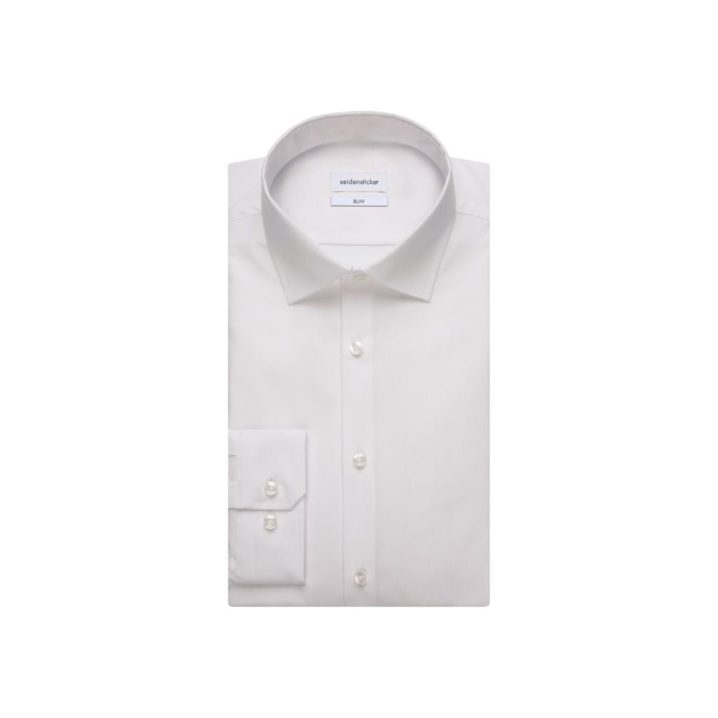 SEIDENSTICKER Cotton Poplin Shirt Single Cuff Slim Fit WHITE - Henry Bucks