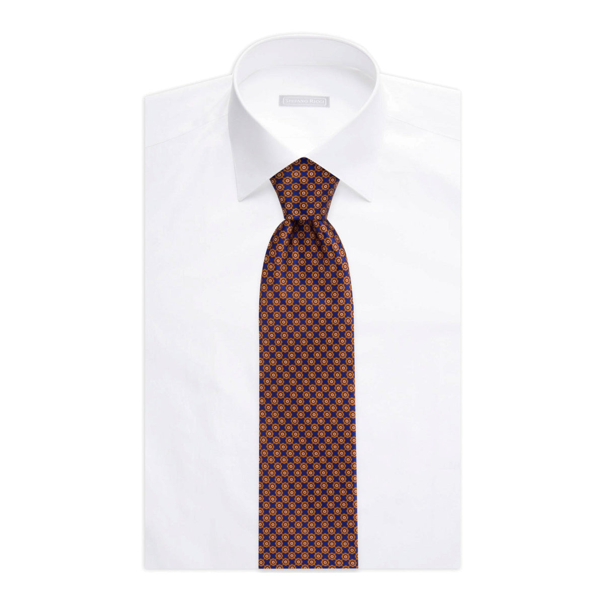 STEFANO RICCI Luxury Hand Printed Silk Tie NAVY/ORANGE - Henry Bucks