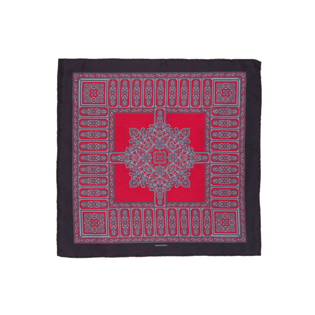 STEFANO RICCI Silk Pocket Square RED/GREY - Henry Bucks