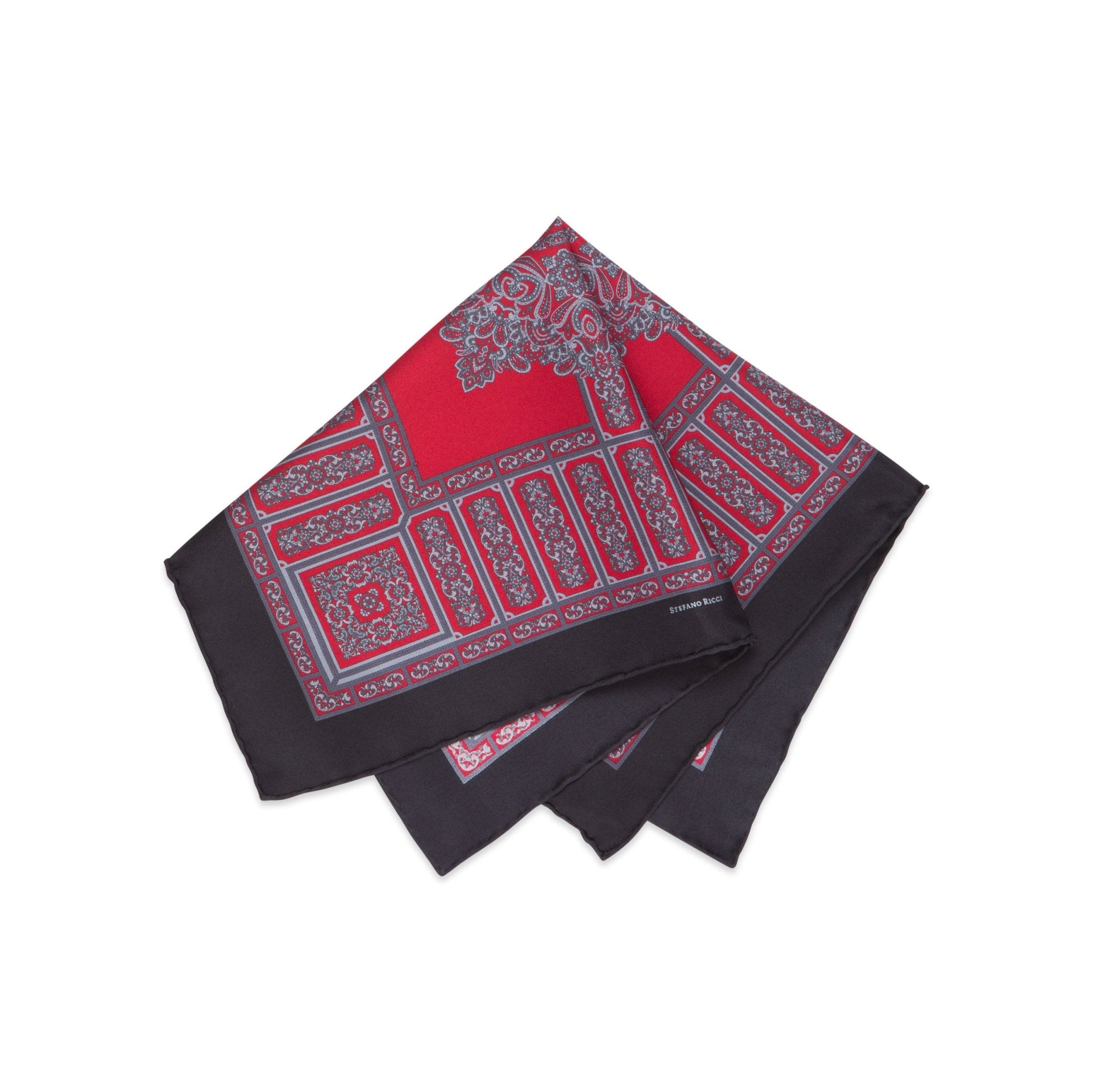 STEFANO RICCI Silk Pocket Square RED/GREY - Henry Bucks