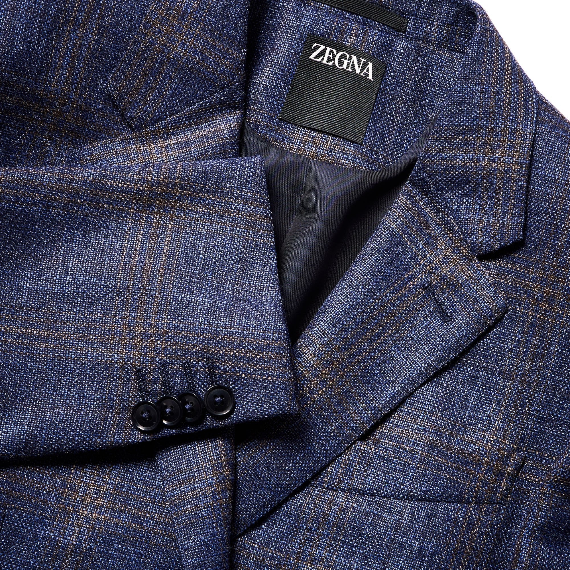 ZEGNA Wool Silk Check Jacket NAVY/BROWN REG - Henry Bucks