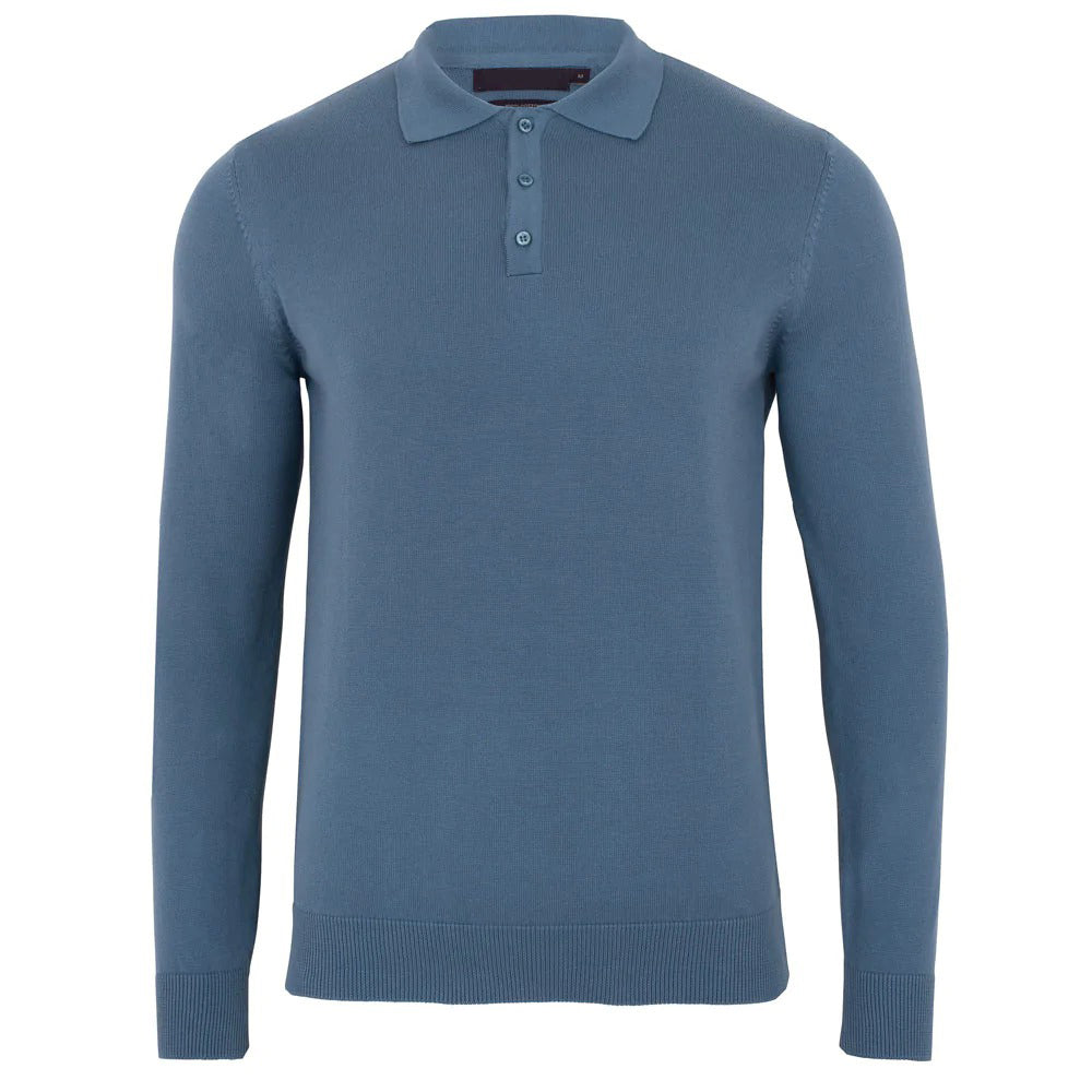 BEAUCAIRE Cotton Knitted Long Sleeve Polo BLUE STONE