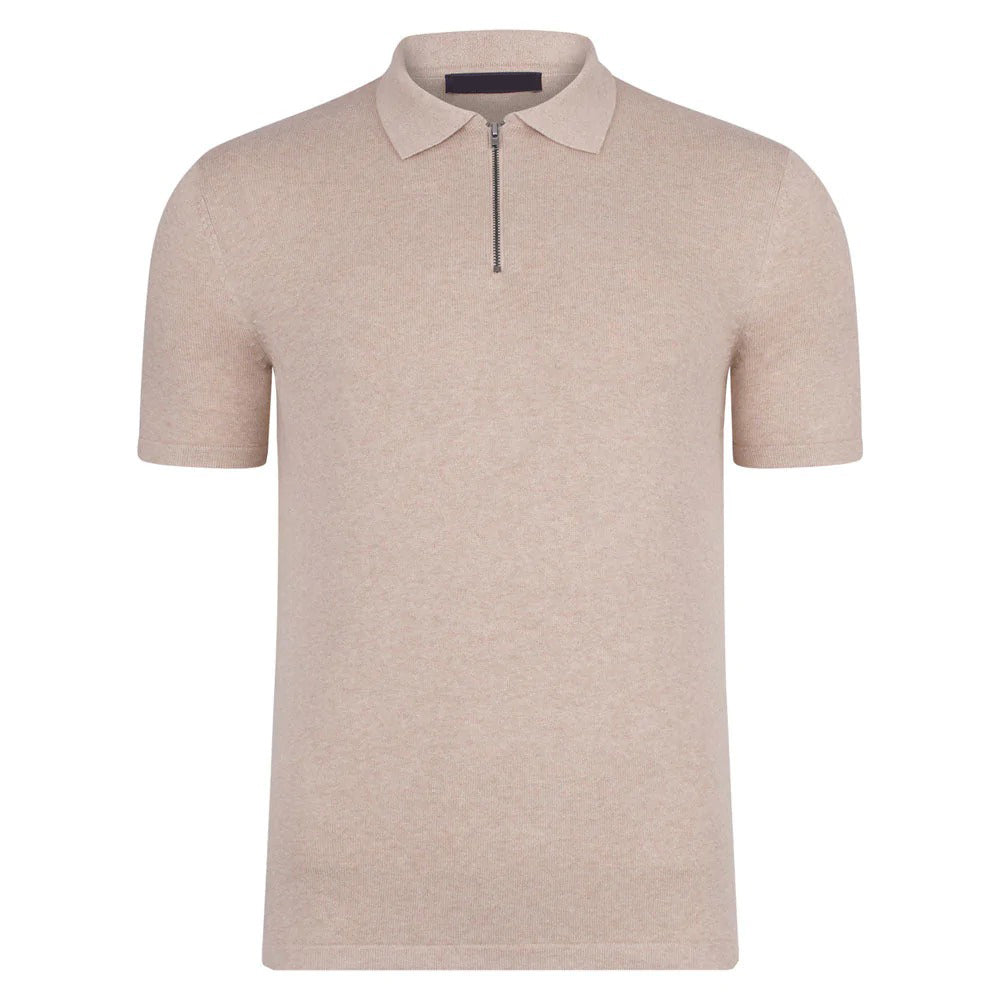 BEAUCAIRE Cotton Zip Neck Short Sleeve Polo SAND