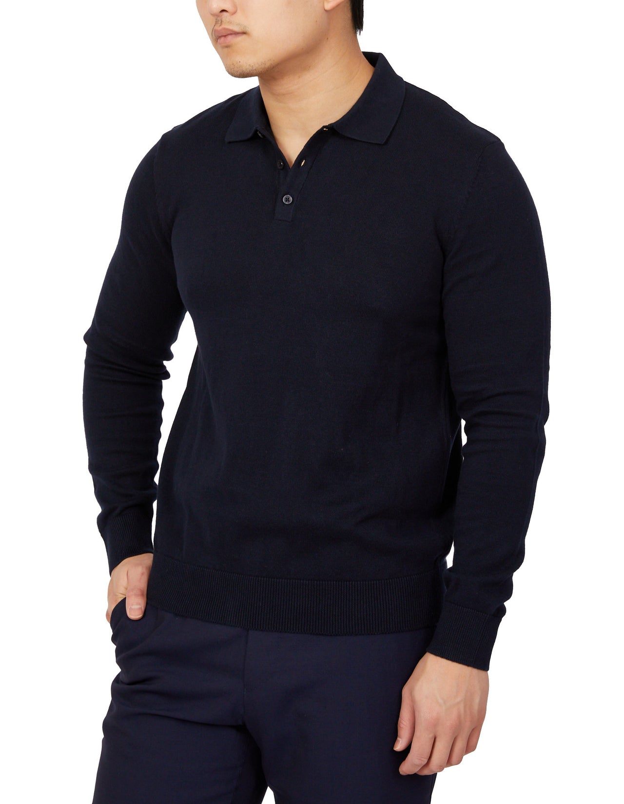 BEAUCAIRE Cotton Knitted Long Sleeve Polo NAVY