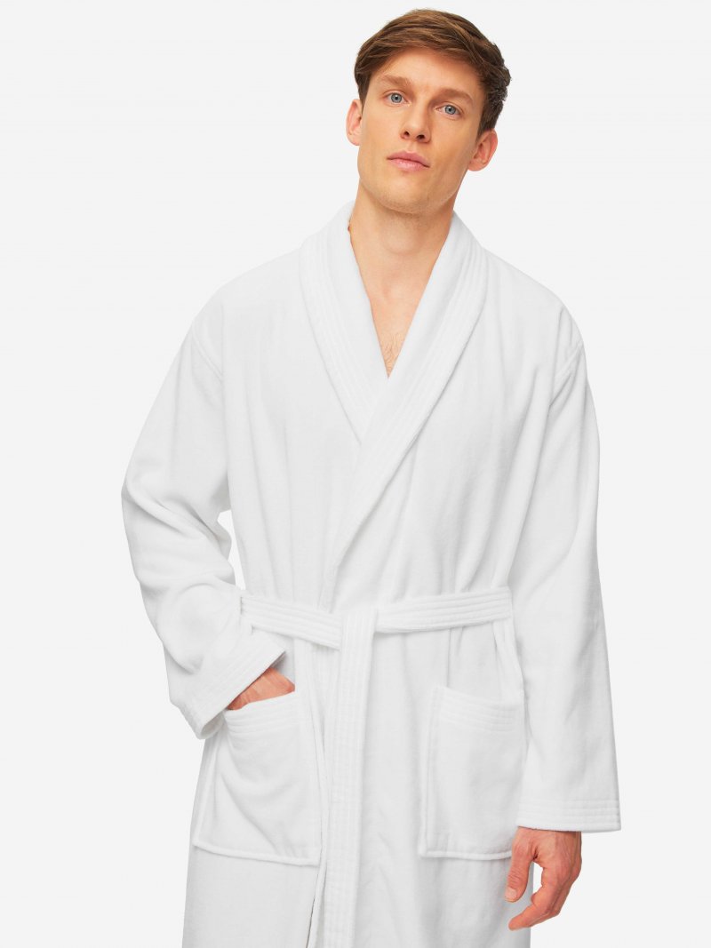 Men's Terry Cloth White Bathrobe, Hooded — RobesNmore