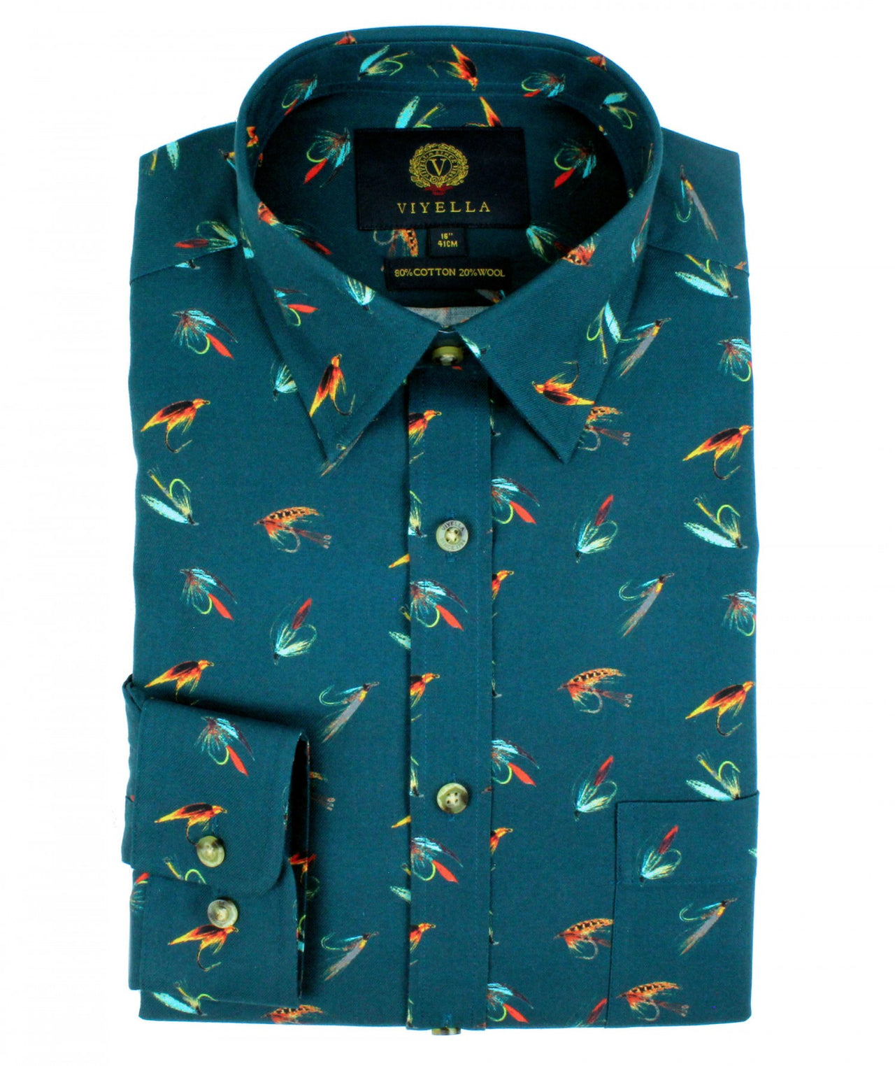 VIYELLA 80/20 Button Down Classic Shirt Boxed Luxury Pine Fly Fishing Print